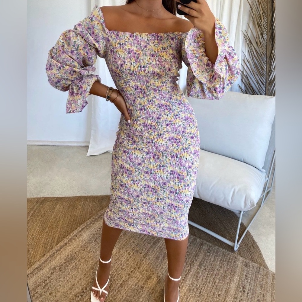 SNDYS Off-Shoulder Smocked Floral Midi Dress in Lilac